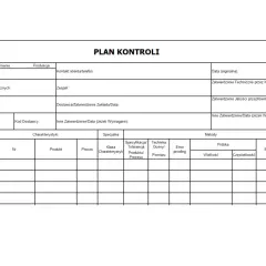 Arkusz kontrolny "Plan Kontroli" z polami do wypełnienia danych dotyczących części, procesu, metod kontroli i planu reagowania.