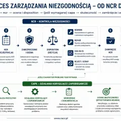 Schemat procesu zarządzania niezgodnościami od NCR do CAPA, obejmujący wykrycie, rejestrację, ocenę, decyzję, zamknięcie NCR i analizę trendów.