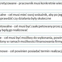 Cele jakościowe przykłady: S - skonkretyzowane, M - mierzalne, A - akceptowalne, R - realne, T - terminowe.