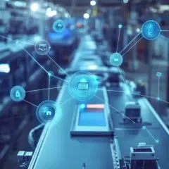Sieć połączonych ikon symbolizujących dane i urządzenia na tle linii produkcyjnej. To wizualizacja działania **edge AI** w przemyśle.