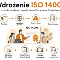 Schemat przedstawia proces wdrażania ISO 14001: analiza, aspekty, wymagania prawne, ryzyka, dokumentacja, szkolenia, wdrożenie działań, audyt, przegląd, przygotowanie do certyfikacji i certyfikat ISO 14001.