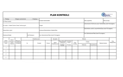 Arkusz kontrolny "Plan Kontroli" z polami do wypełnienia danych dotyczących części, procesu, metod kontroli i planu reagowania.