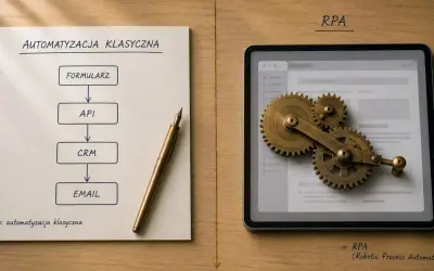 Schemat automatyzacji klasycznej obok tabletu z zębatkami symbolizującymi RPA. Zrozum, co to RPA.