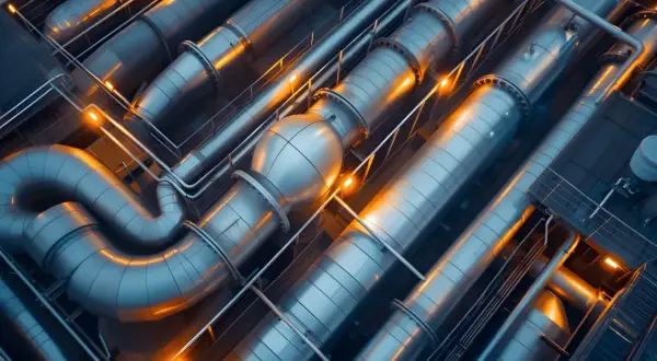 Skomplikowana sieć ciepłownicza z metalowymi rurami i oświetleniem, tworząca industrialny krajobraz.