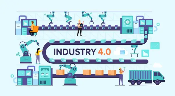 Nowoczesna fabryka z robotami i taśmociągami, symbolizująca produktywność wzór Industry 4.0.