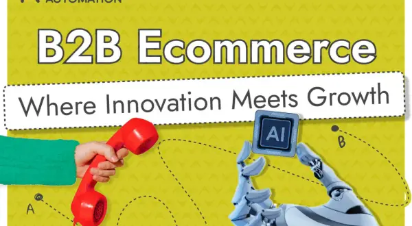 Ręka trzymająca słuchawkę telefoniczną i robot podający chip AI symbolizują innowacje w e-commerce B2B.