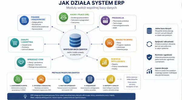 Schemat działania systemu ERP, integrującego moduły jak finanse, produkcja, magazyn (WMS) i sprzedaż wokół wspólnej bazy danych. System usprawnia procesy, podobnie jak MRP.