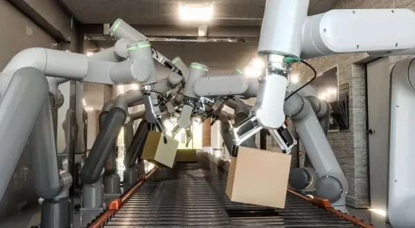W magazynie coboty co to? Ramię robota chwyta paczkę na taśmie produkcyjnej.
