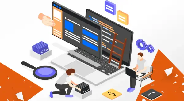 Programiści pracują nad kodem, tworząc rozwiązania SaaS. To właśnie saas co to - oprogramowanie jako usługa, dostępne online.