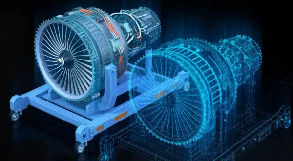 Dwóch silników odrzutowych w technologii digital twin, prezentowanych w formie niebieskiego schematu na czarnym tle.