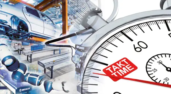 Linia produkcyjna z robotami i samochodem w tle, na pierwszym planie stoper z napisem "TAKT TIME", symbolizujący rytm produkcji.