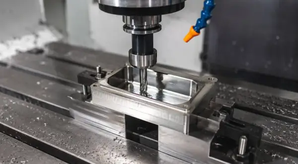 Precyzyjna obróbka stali na frezarce CNC. Wiertło precyzyjnie kształtuje metalowy element, tworząc idealne wgłębienie.