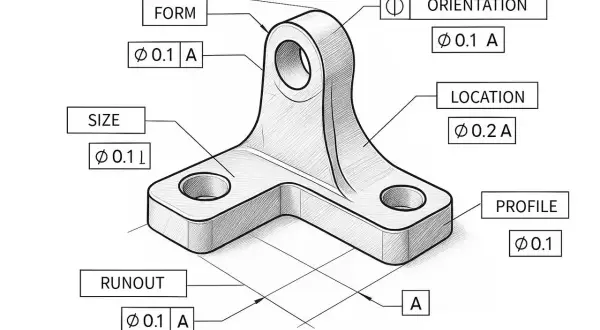 Rysunek techniczny z symbolami GD&T: FORM, SIZE, RUNOUT, ORIENTATION, LOCATION, PROFILE.