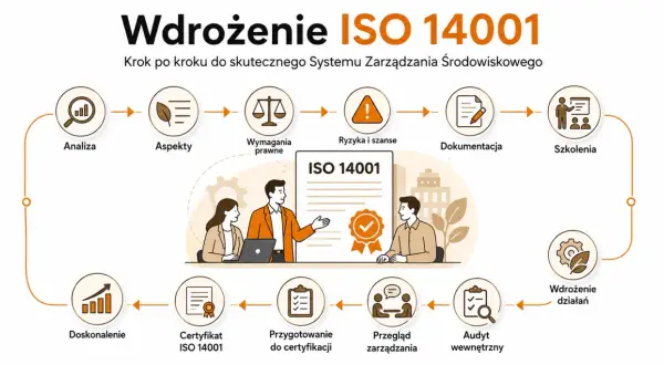 Schemat przedstawia proces wdrażania ISO 14001: analiza, aspekty, wymagania prawne, ryzyka, dokumentacja, szkolenia, wdrożenie działań, audyt, przegląd, przygotowanie do certyfikacji i certyfikat ISO 14001.