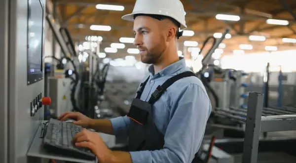 Pracownik w białym kasku obsługuje panel sterowania, wprowadzając dane do systemu. Optymalizacja procesów produkcyjnych dzięki **lean manufacturing**.