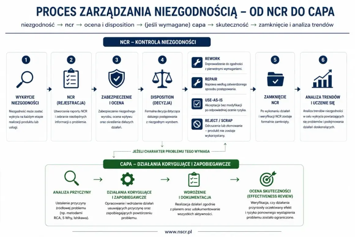 Schemat procesu zarządzania niezgodnościami od NCR do CAPA, obejmujący wykrycie, rejestrację, ocenę, decyzję, zamknięcie NCR i analizę trendów.
