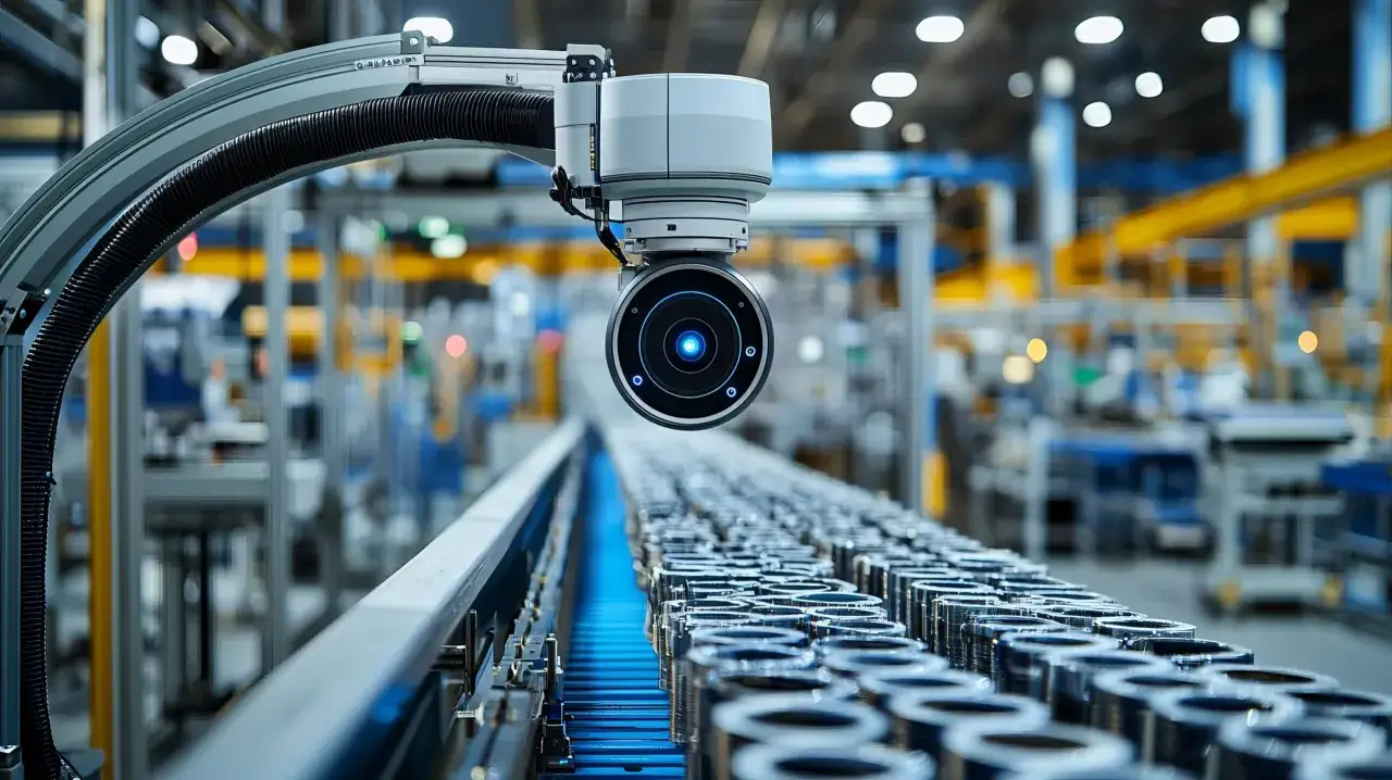 Robotyka przemysłowa z kamerą wizyjną, która analizuje produkty na taśmie produkcyjnej. To przykład zastosowania edge AI w automatyzacji.