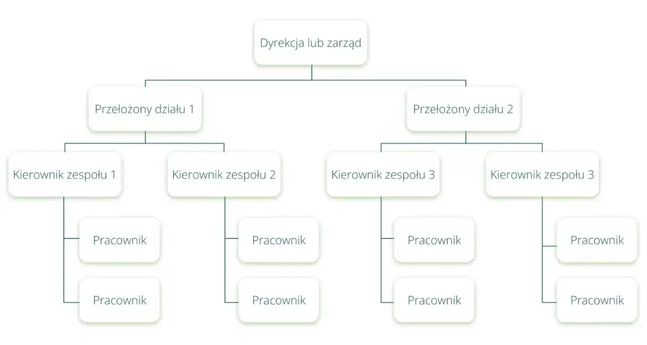 Schemat organizacyjny firmy: Dyrekcja, przełożeni działów, kierownicy zespołów i pracownicy. Pokazuje strukturę i podział na działy w firmie.