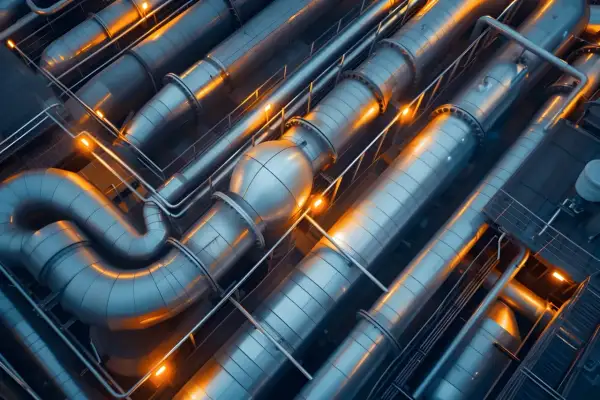 Skomplikowana sieć ciepłownicza z metalowymi rurami i oświetleniem, tworząca industrialny krajobraz.