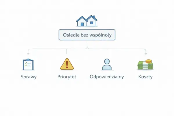 Schemat organizacyjny dla osiedla bez wspólnoty: sprawy, priorytety, odpowiedzialni i koszty.