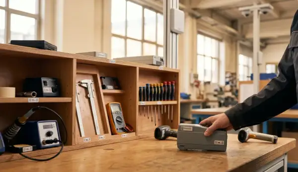 Warsztat z narzędziami i sprzętem elektronicznym. Dłoń sięga po urządzenie, które jest częścią systemu śledzenia.