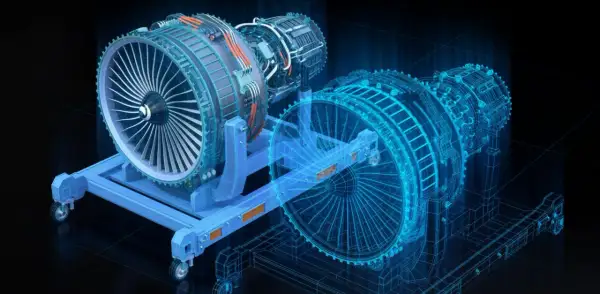 Dwóch silników odrzutowych w technologii digital twin, prezentowanych w formie niebieskiego schematu na czarnym tle.