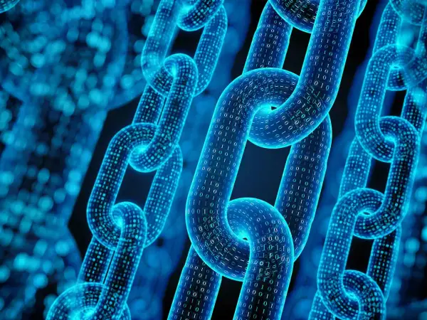 Cyfrowe ogniwa łańcucha danych, symbolizujące blockchain w logistyce, łączą się, tworząc bezpieczną sieć.