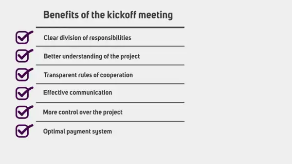 Korzyści z kickoff meeting: jasny podział obowiązków, lepsze zrozumienie projektu, przejrzyste zasady współpracy, efektywna komunikacja, większa kontrola nad projektem, optymalny system płatności.