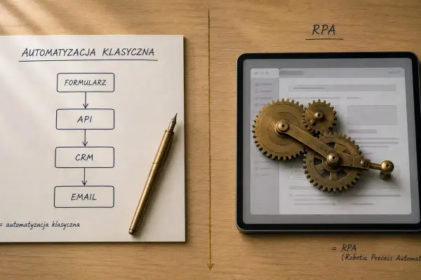 Schemat automatyzacji klasycznej obok tabletu z zębatkami symbolizującymi RPA. Zrozum, co to RPA.